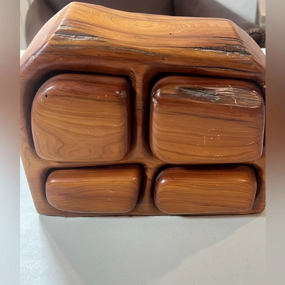 Jeff Trag Carved Knotty Wood Handmade 4 Drawer Jewelry Box Vintage Hand Carved